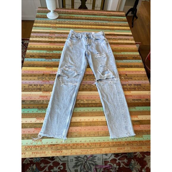 & Denim By H&M Boyfriend Button Fly Jeans Straight Size 0 Blue Distressed LOT 2 - Picture 10 of 16